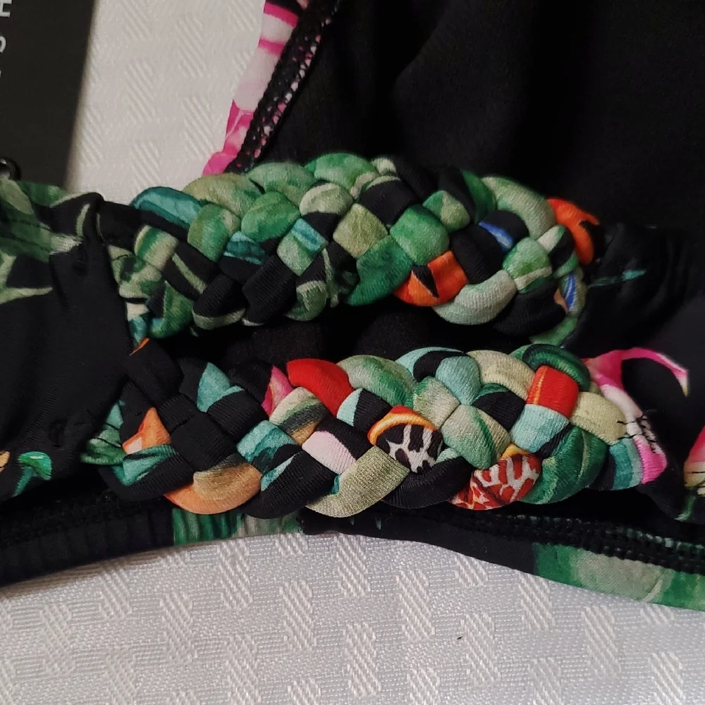 Nwt Ashley Graham Green and Orange Tropical Bikini Bottoms with Braided Sides